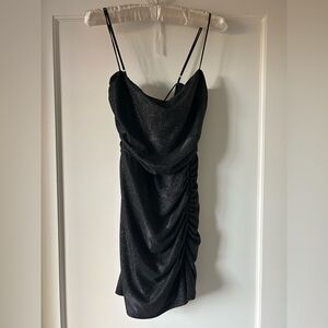 Elegant Black Ruched Mini Dress with Open Back